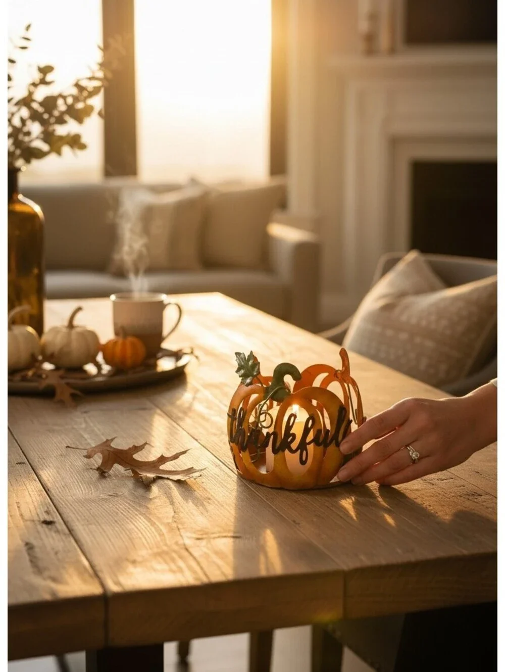 Decorative Metal Pumpkin Candle Holder with 'Thankful' Script